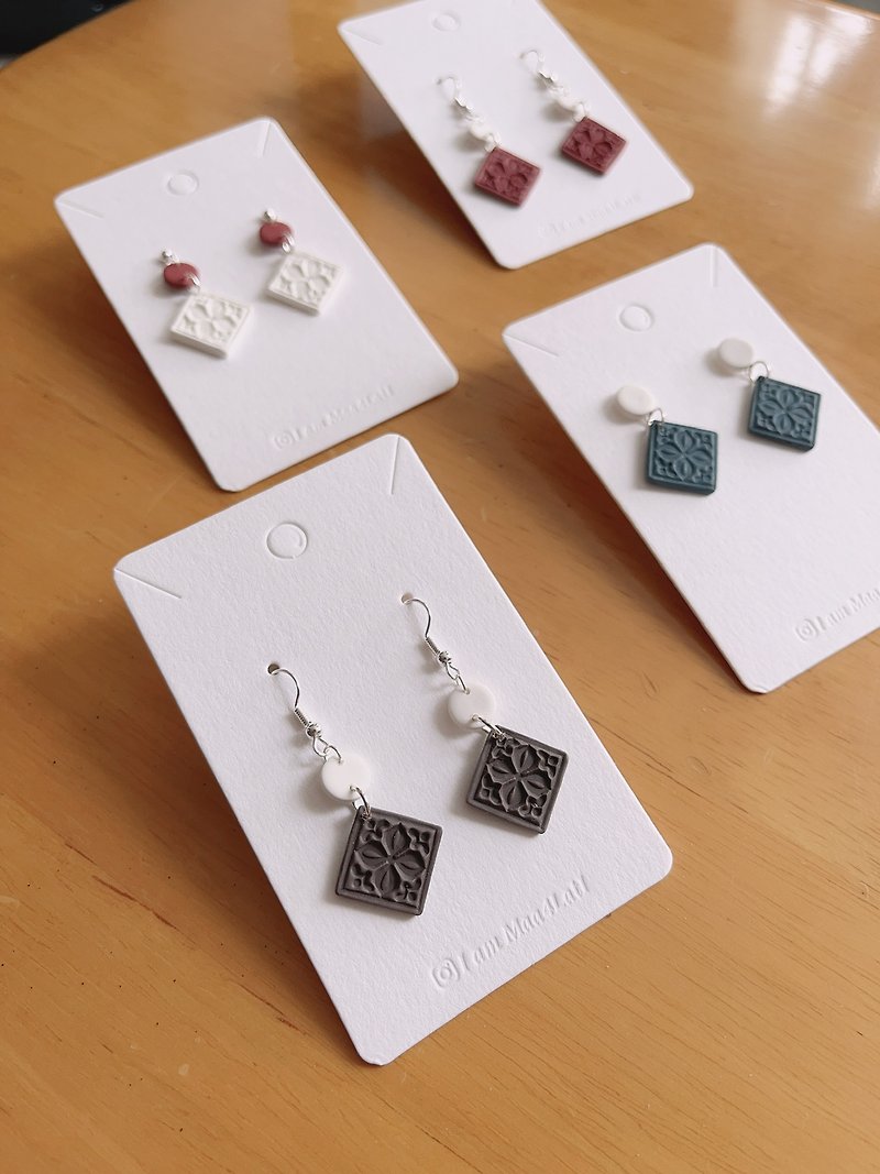 Handmade soft clay simple printed hanging earrings - Earrings & Clip-ons - Other Materials 