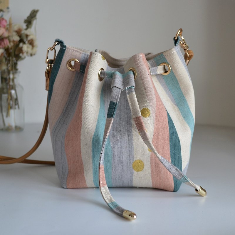 Small Bucket Bag/ Fabric Crossbody Bag/ Small Side Backpack/ Colorful Lines - กระเป๋าแมสเซนเจอร์ - ผ้าฝ้าย/ผ้าลินิน 