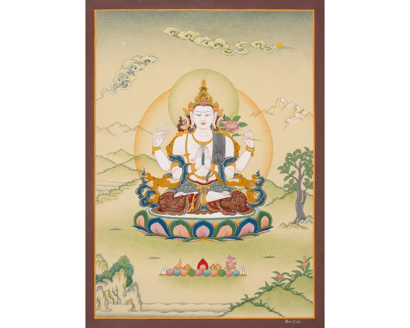 Chenrezig Handmade Thangka Painting A Sacred Masterpiece of Compassion and Devot - Wall Décor - Other Materials 