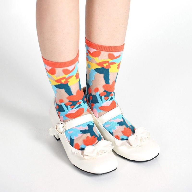 花園系列 | 橘光午茶 -【台灣製】小花透紗中筒襪 - 襪子 - 尼龍 多色