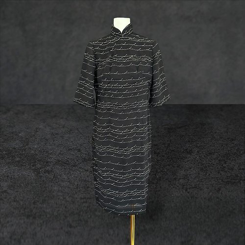 蘿綺莉蕾芭索 二手 黑灰 印花 輕薄飄逸 古董訂製 長袖 旗袍 PF522