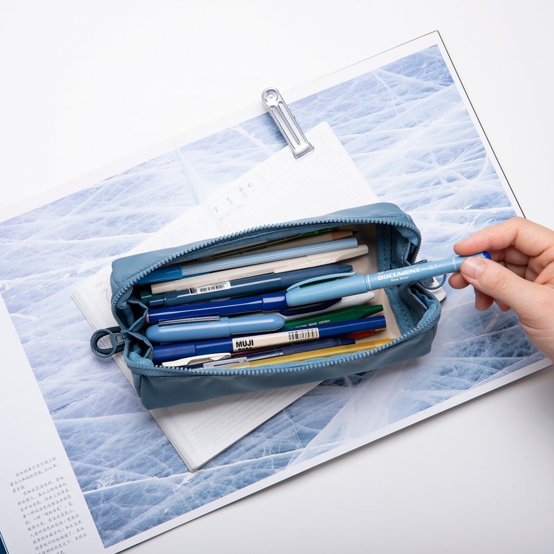 Pouch+ Waterproof Storage Pen Bag Retro Solid Color Large Opening Large Capacity Denim Blue - Pencil Cases - Nylon 