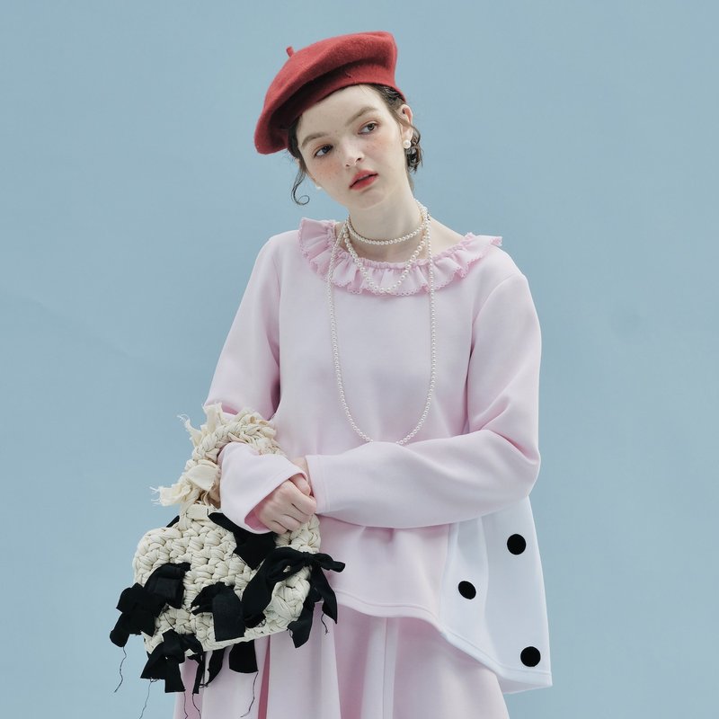 粉紅雙面拼接花領長袖上衣 / 空氣棉 - 女上衣/長袖上衣 - 棉．麻 粉紅色