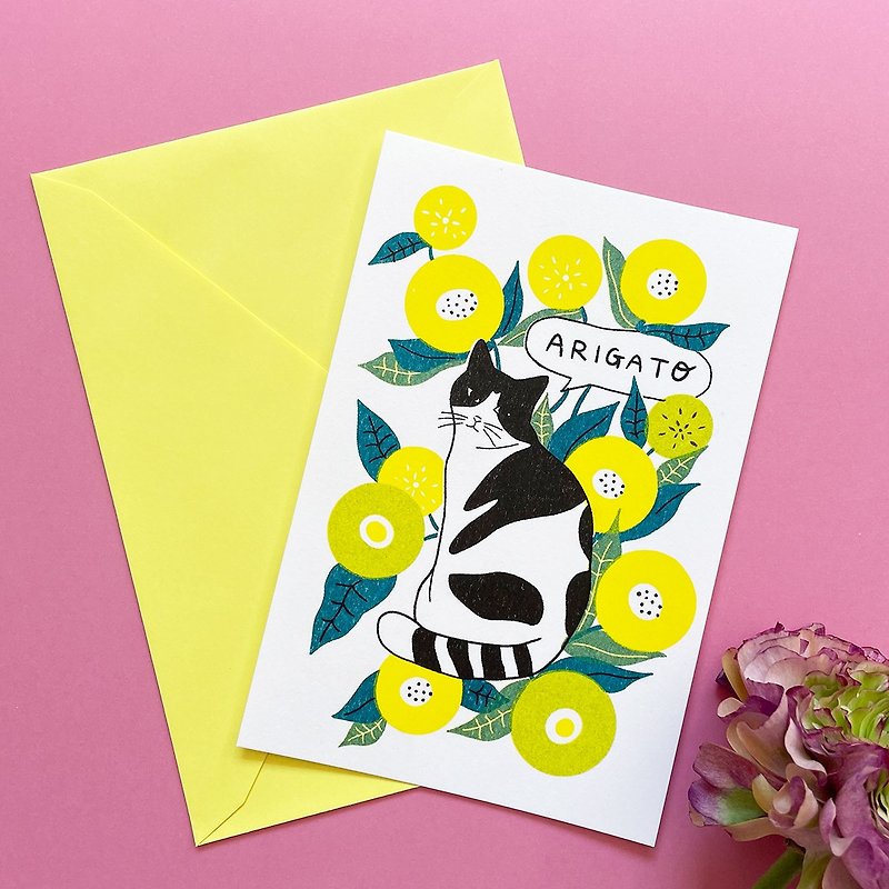 ARIGATOカード封筒set -お花とハチワレ猫- - 心意卡/卡片 - 紙 黃色