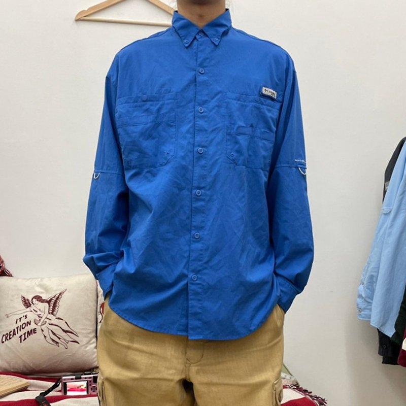 COLUMBIA fishing shirt work multi-pocket function dark blue vintage second-hand - Men's Shirts - Cotton & Hemp Blue