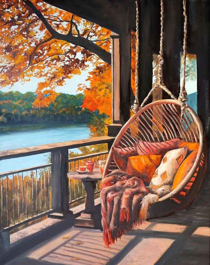 Autumn Painting 原畫  秋天 自然畫 Handmade Art, Original Painting, Hanging Pictures - ตกแต่งผนัง - วัสดุอื่นๆ สีส้ม