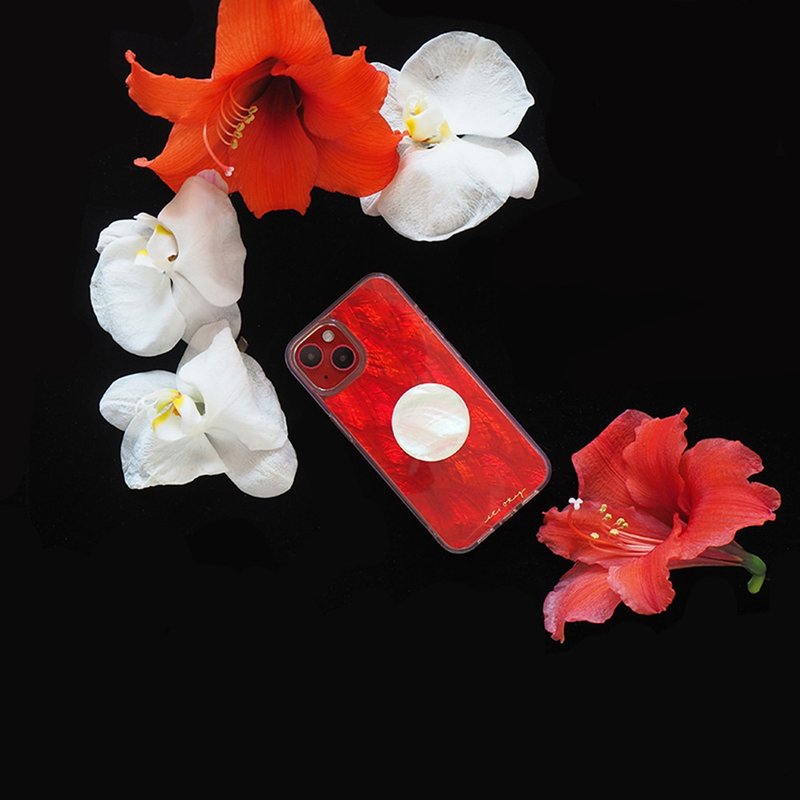 新年快樂 天然真貝 iPhone便攜伸縮支架手機殼 匠人手工做 高品質 - 手機殼/手機套 - 貝殼 紅色