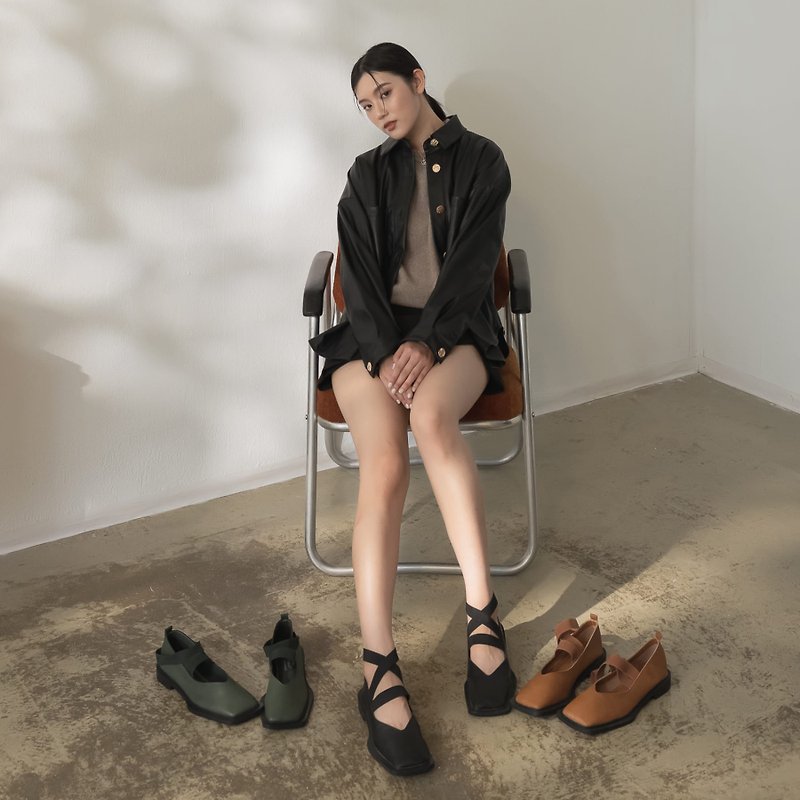 【I called Love】Flora Cafe | Ribbon flat square shoes - Mary Jane Shoes & Ballet Shoes - Waterproof Material Brown