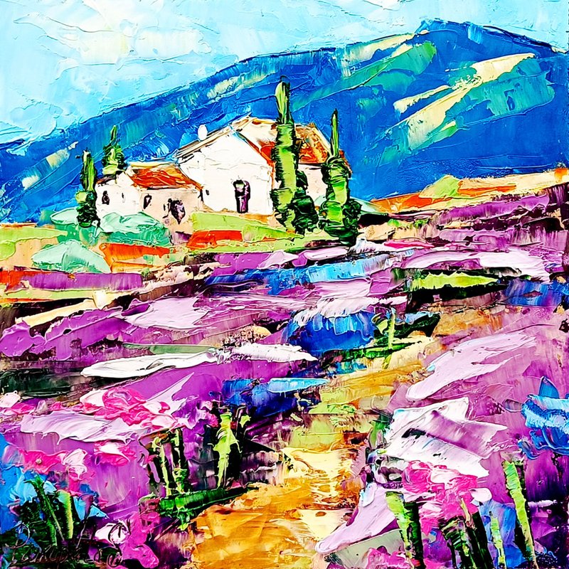 Tuscany Painting Sunflower Original Art Impasto Oil Painting Landscape 8 x 8 - 壁貼/牆壁裝飾 - 其他材質 紫色