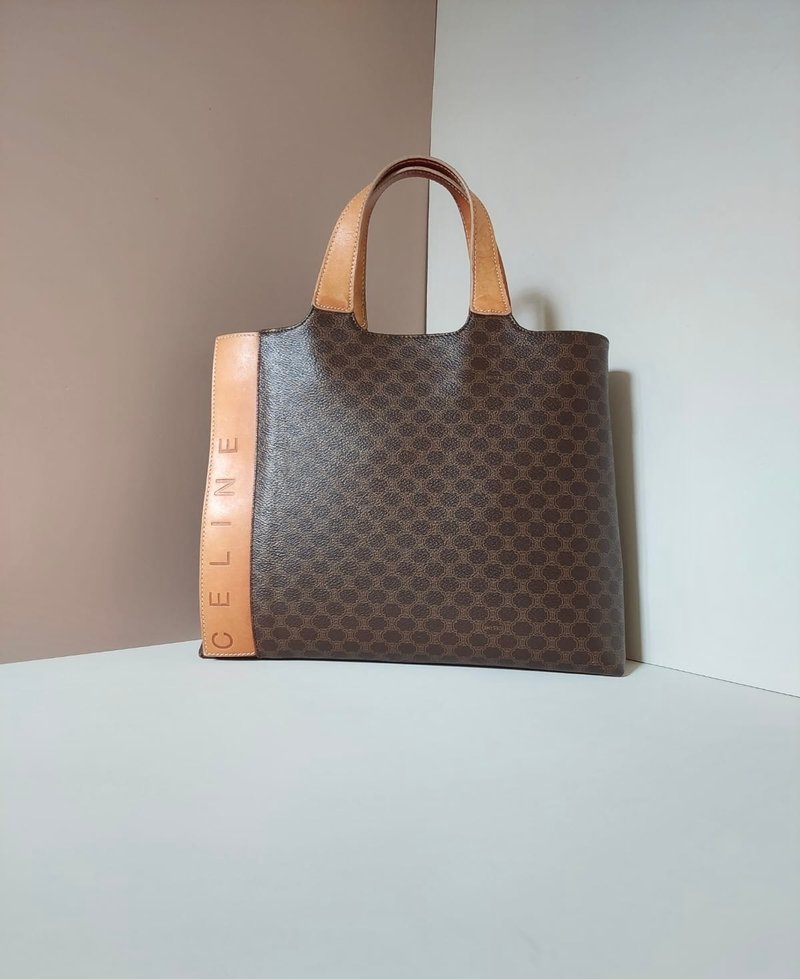 絕版古董包 Celine咖啡色老花托特包 皮革包 中古包 手提包 二手 - 手提包/手提袋 - 真皮 咖啡色