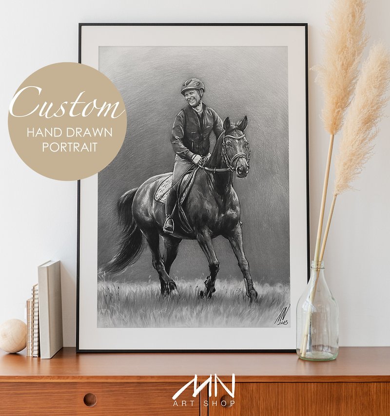 Custom Horse hand drawn graphite pencils Portrait, Personalized Equine Gift - Wedding Invitations - Paper White