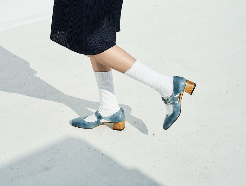 4.6 Mary Jane Heels with Square Headband Buckle - Scallion - Mary Jane Shoes & Ballet Shoes - Genuine Leather Blue