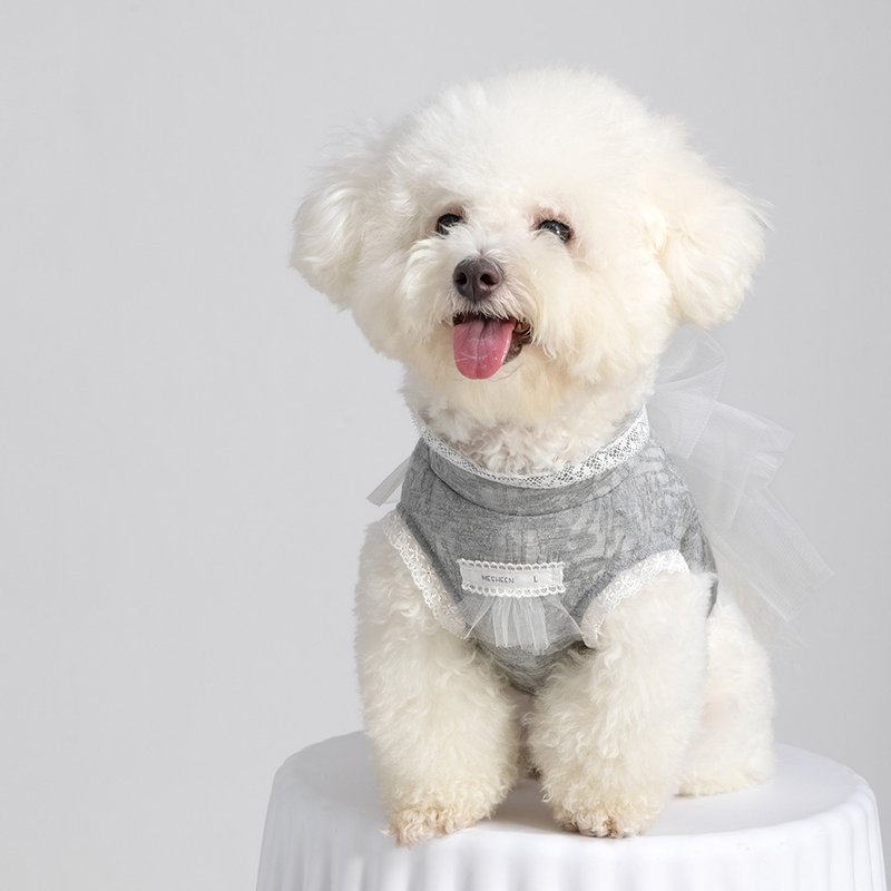 Pet Gray Stand Collar Big Bow Top Super Elastic Cute Princess Style Small Dog Clothes - ชุดสัตว์เลี้ยง - ผ้าฝ้าย/ผ้าลินิน 