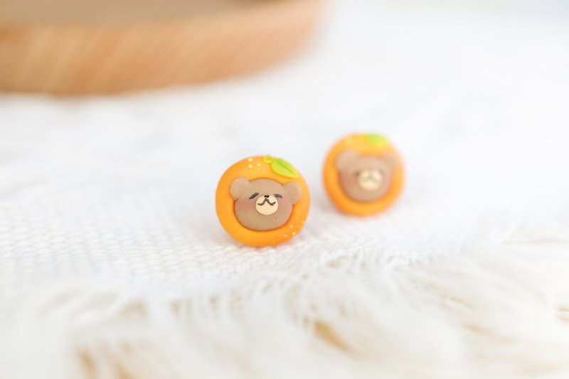 [Handmade soft clay] Orange bear earrings and Clip-On - Earrings & Clip-ons - Pottery Orange