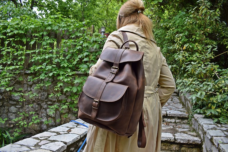 真皮 後背包/書包 咖啡色 - Waxed Leather Backpack Handmade of Full Grain Leather Extra Large Size