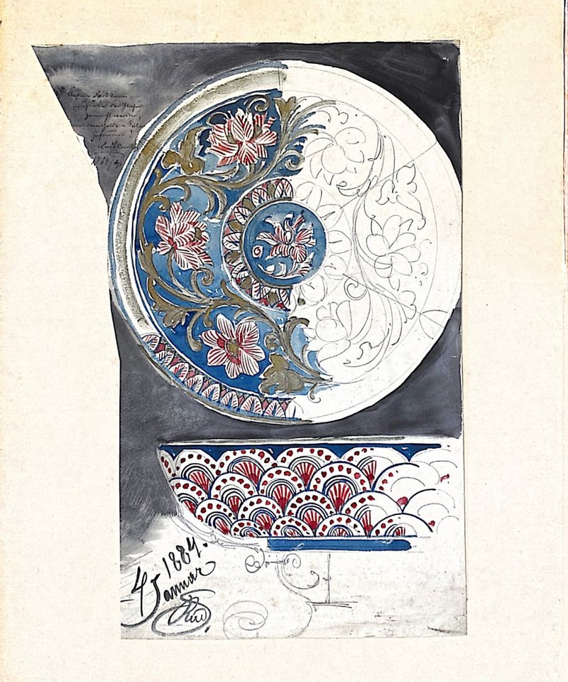 19th century德國瓷器設計手稿 - 1884 Vintage Draft - 古董 - 海報/掛畫/掛布 - 紙 咖啡色