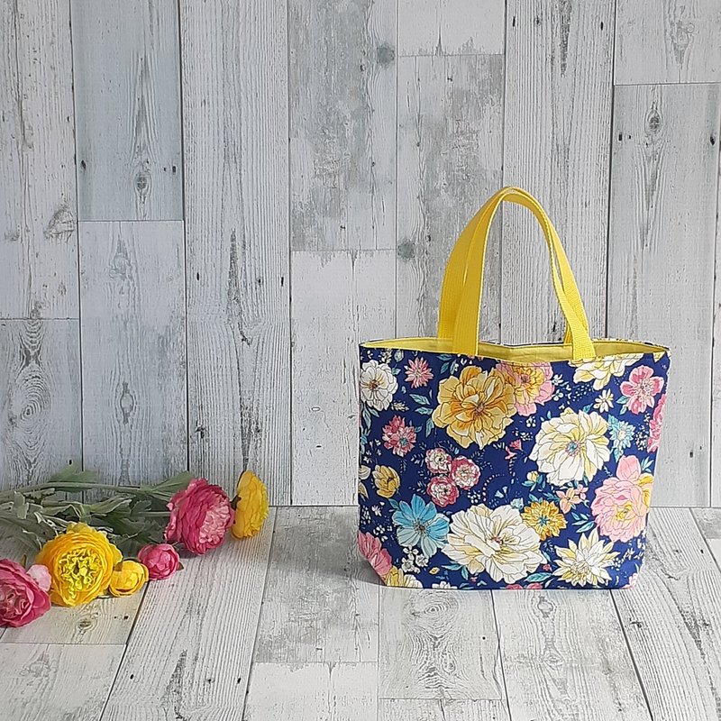 Blue Floral Colorful Bold Mini Tote Bag Yellow Sub-Bag Handbag - กระเป๋าถือ - ผ้าฝ้าย/ผ้าลินิน สีน้ำเงิน