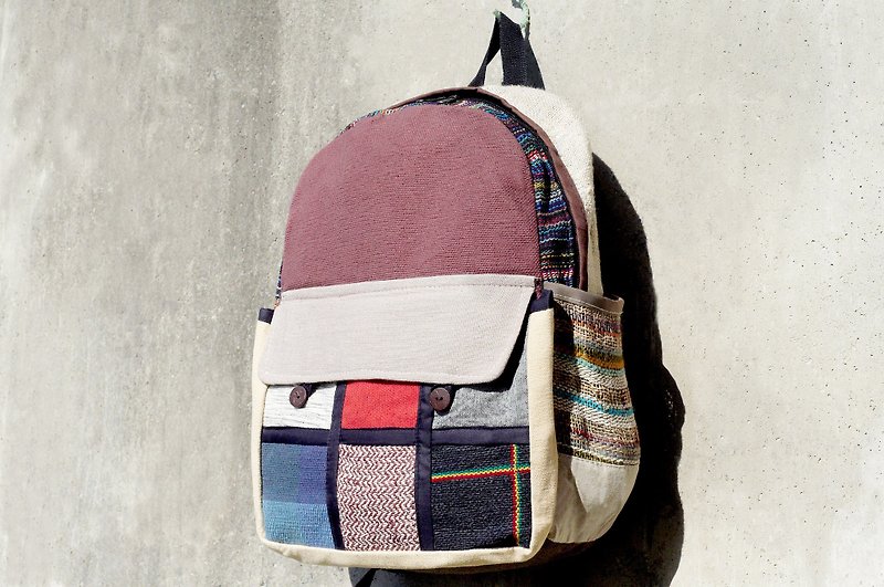 Hand after stitching design cotton backpack / shoulder bag national wind / mountaineering bag / bags - hand-woven stitching color desert wind road trip (limit one) - Backpacks - Cotton & Hemp Multicolor