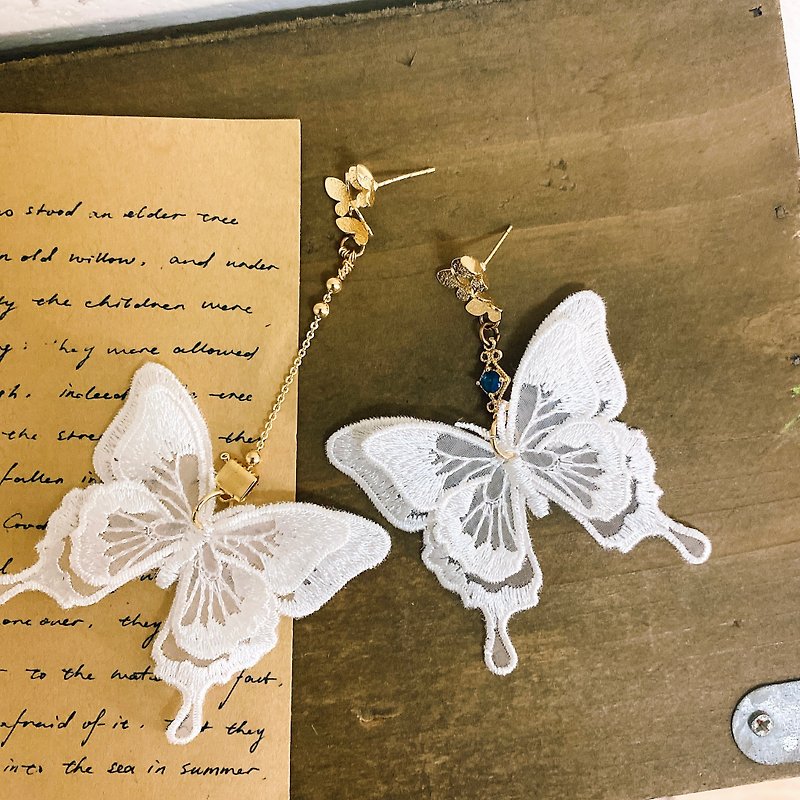 SaWa Butterfly Series_Fairy Embroidered White Butterfly 2 Version Earrings/ Clip-On - Earrings & Clip-ons - Other Materials 