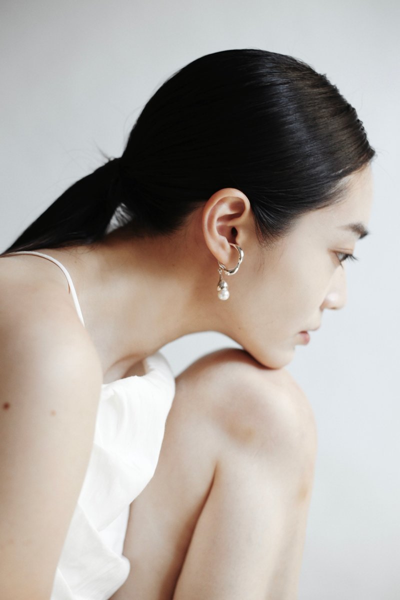 swing raindrop ear cuff + pearl 搖擺雨滴 耳骨夾+珍珠 - 耳環/耳夾 - 純銀 銀色