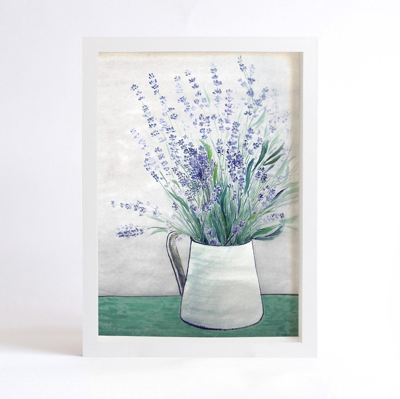 オリジナル水彩画の花アートプリント、「サイレントとしてエニグマ「セリエA-ラベンダーと花瓶 - ポスター・絵 - 紙 ブルー
