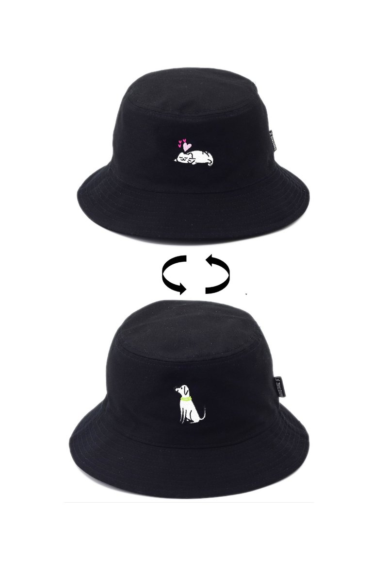 Cat / Dog embroidery 2-side Reversible Bucket Hat (Black) - Hats & Caps - Cotton & Hemp Black