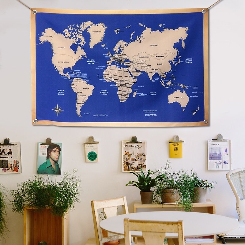 World map hanging cloth customized retro dark blue - โปสเตอร์ - วัสดุอื่นๆ สีน้ำเงิน