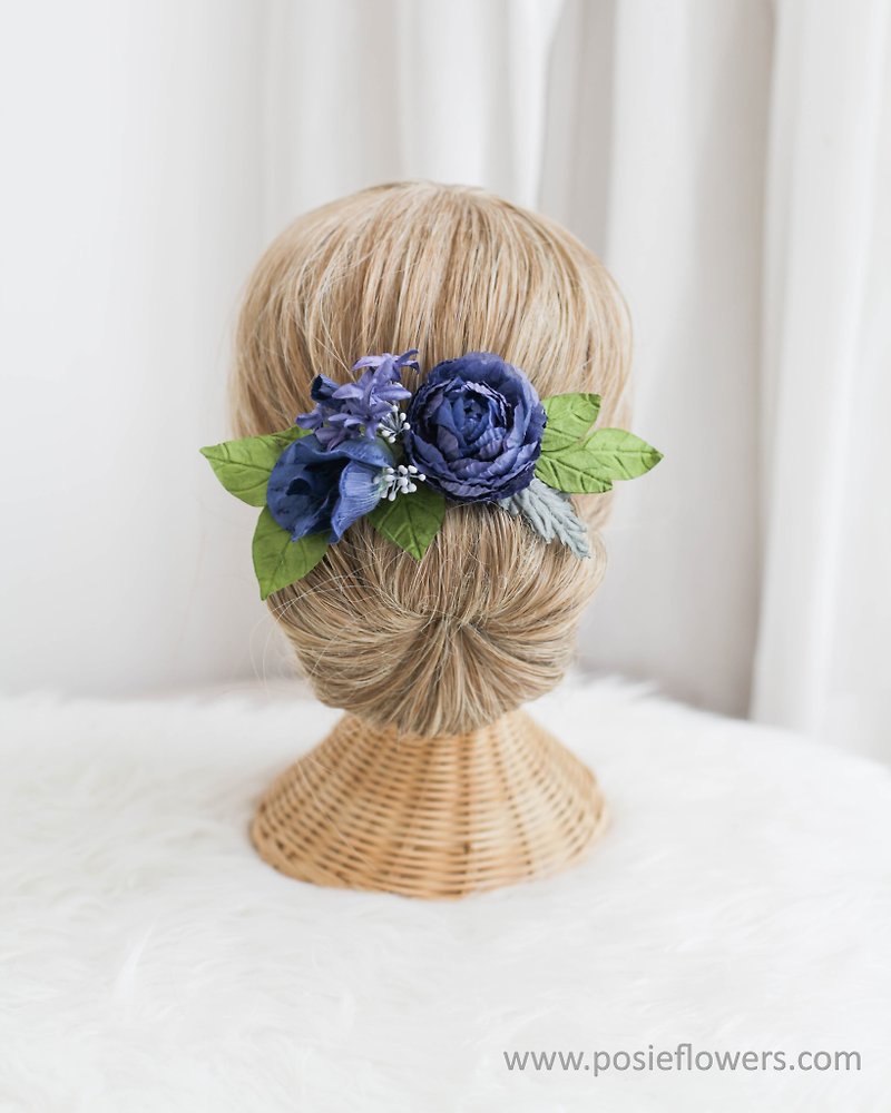 Deep Blue - Paper Flower Hair Comb - 髮夾/髮飾 - 紙 藍色