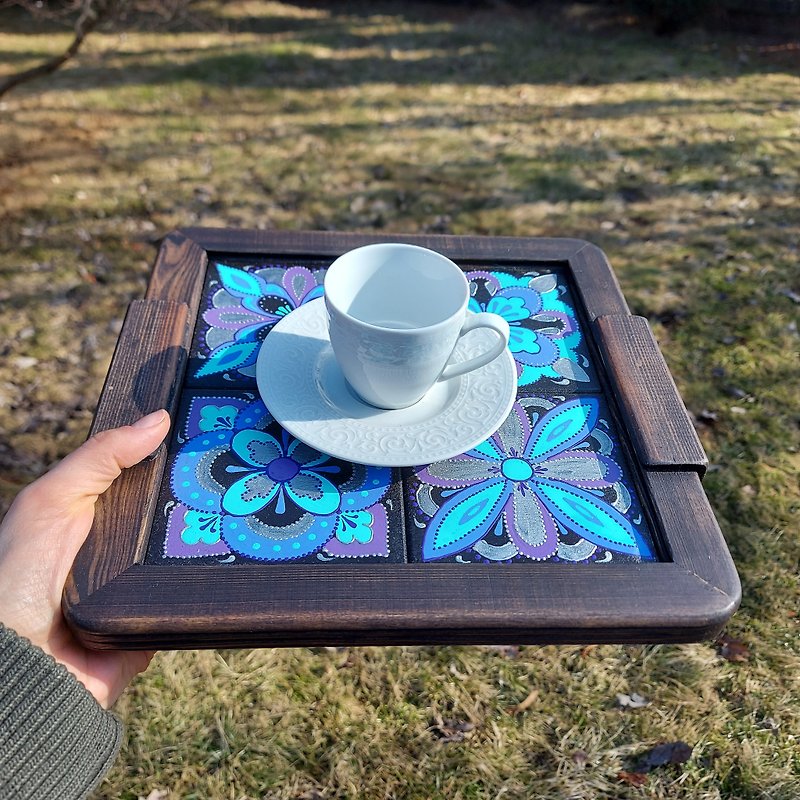 Wood coffee tray with handpainted wood tiles - Serving Trays & Cutting Boards - Wood Purple