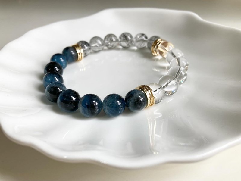 10mm魔鬼海藍寶 白水晶 黑髮晶手鍊 增強口才自信專注力及領導力 - 手鍊/手環 - 水晶 