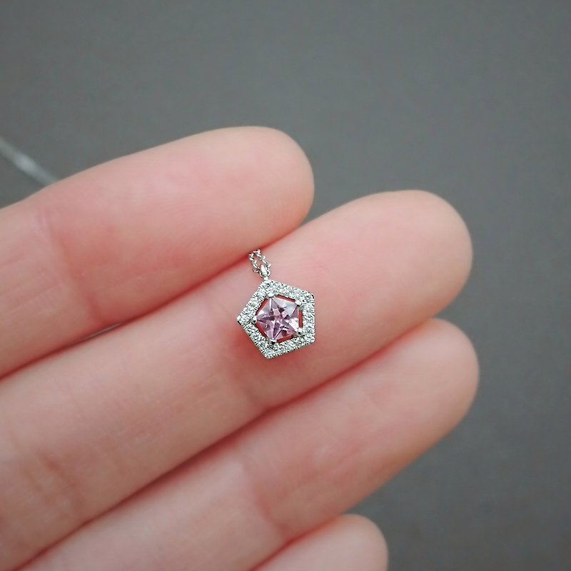 Pink Spinel Pentagon Star Cut Halo Diamonds 18K Solid Gold Dainty Necklace - สร้อยคอ - เครื่องเพชรพลอย สึชมพู