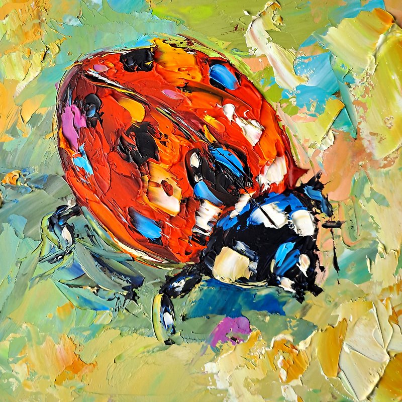 Ladybug Oil Painting Insect Wall Art Animals Artwork Gifts for Her - ตกแต่งผนัง - วัสดุอื่นๆ หลากหลายสี