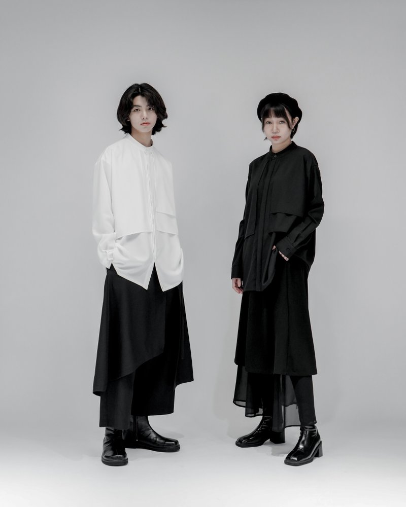 MUKK DESIGN 裁片造型立領襯衫-白 - 男襯衫/休閒襯衫 - 聚酯纖維 白色