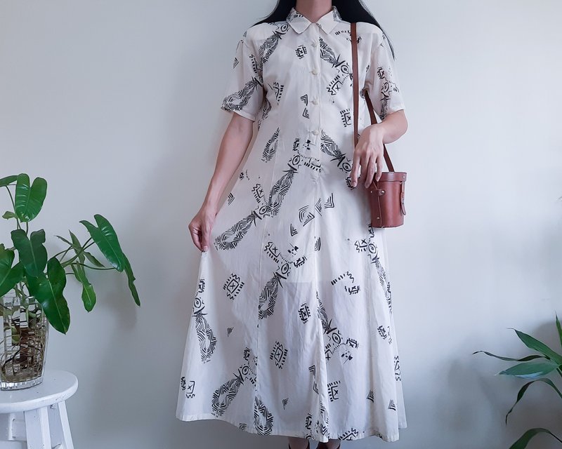 PER SPOOK 巴黎復古抽象棉質連身裙 連結透視連身裙 - 洋裝/連身裙 - 棉．麻 卡其色