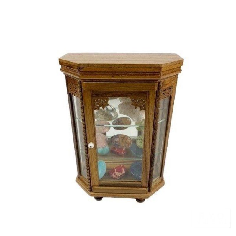 Miniature Showcase Back Glass Hexagon Round Foot Wooden Glass Case Collection - Storage - Wood Brown