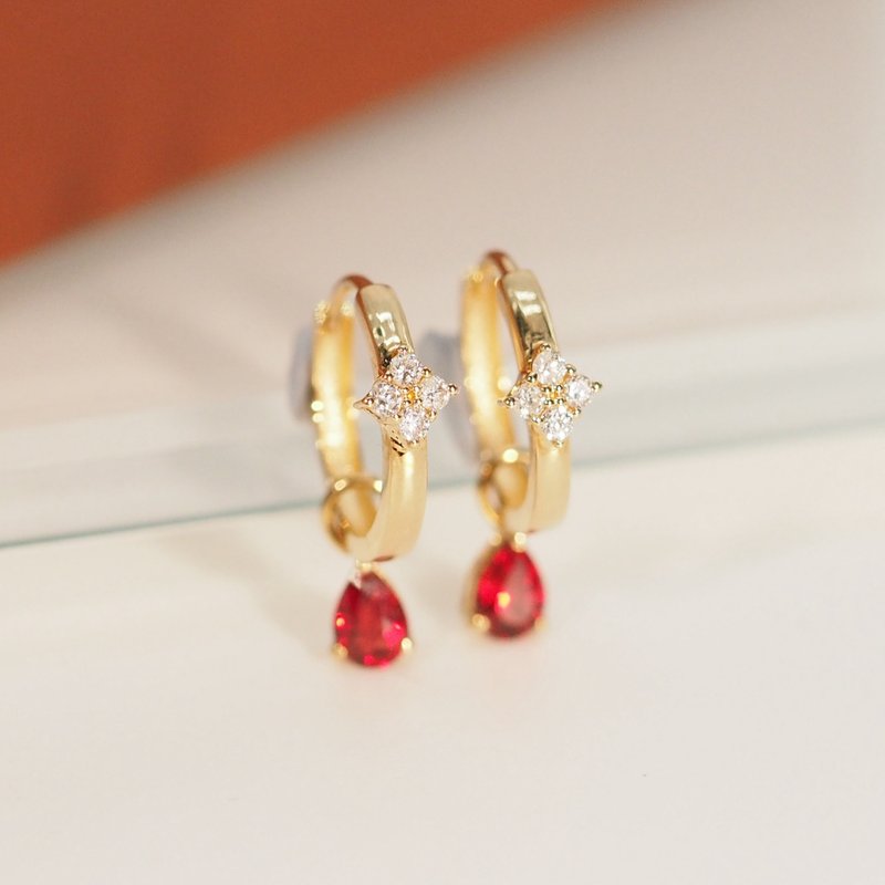 18K Gold Diamond Clover Earrings with Ruby Pear - Earrings & Clip-ons - Precious Metals 