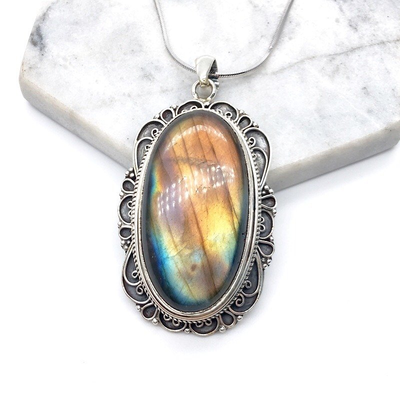 Labradorite 925 sterling silver necklace classic hand-made inlaid Nepal - Necklaces - Gemstone Multicolor