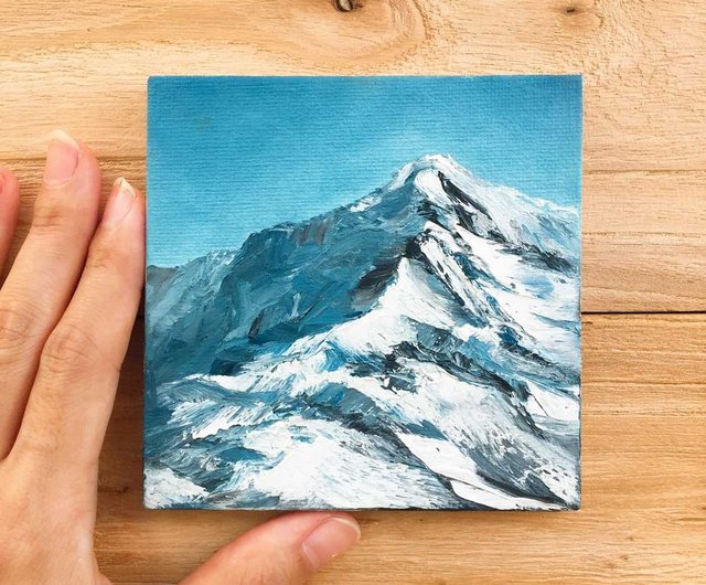 インパストスノーマウンテンオイルペインティング。パレット