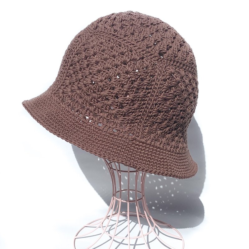 [Crochet Hat] Crochet Crochet Granny Bucket Hat Brown - หมวก - ผ้าฝ้าย/ผ้าลินิน สีนำ้ตาล