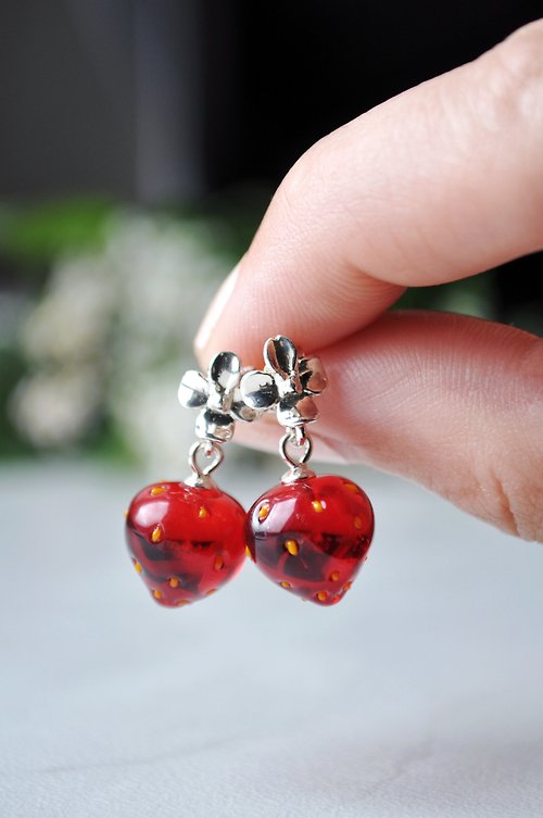 Toutberry Glass strawberry earrings Silver studs Flower earrings Small posts Fruit jewelry