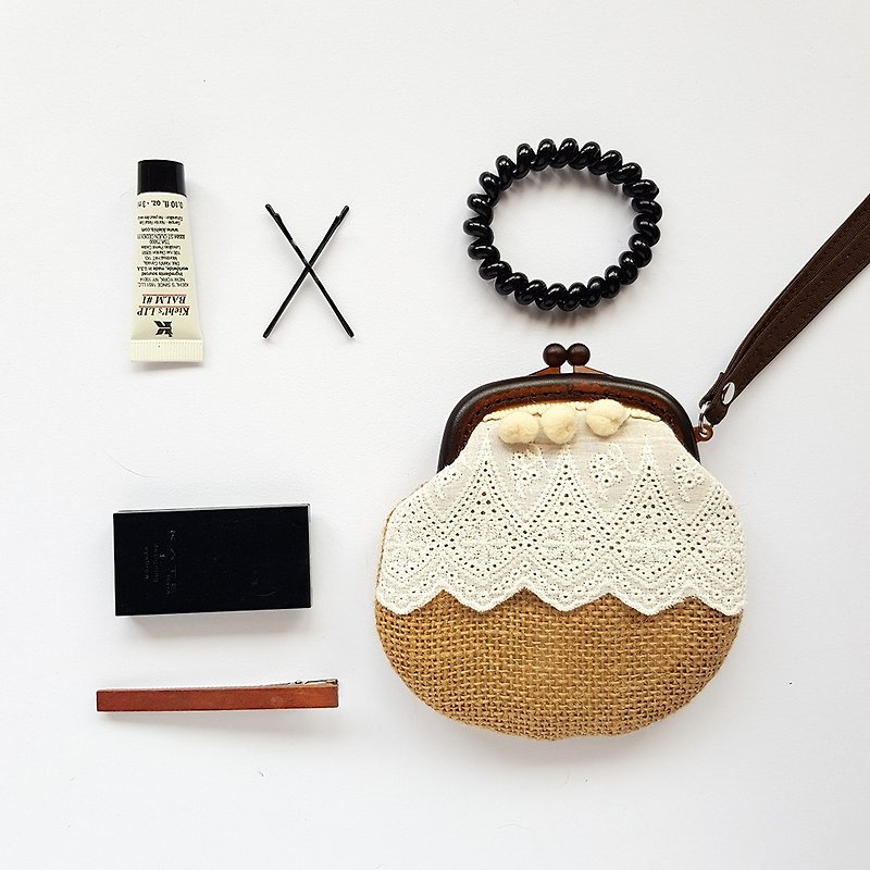 Elegant lace/hair ball tassel mouth gold coin purse/large size/gift - Coin Purses - Cotton & Hemp Khaki