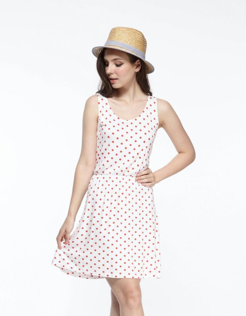 Refreshing Tasting Zone Sleeveless Dot Pattern Dress (Black, Red Dots) - One Piece Dresses - Polyester White