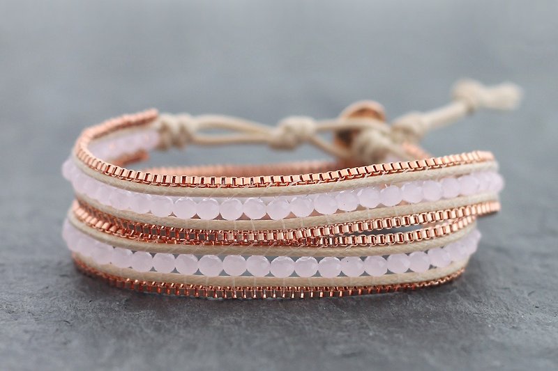 串珠編織玫瑰石英方形粉紅色金鍊手鐲 - 手鍊/手環 - 石頭 粉紅色