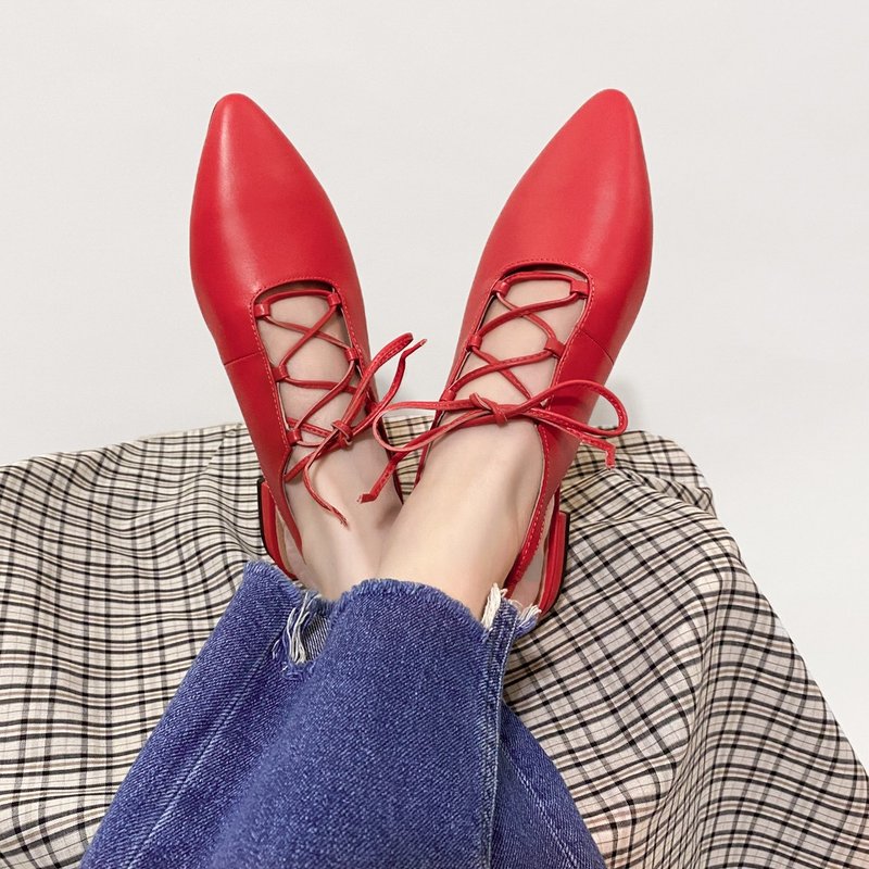 Extremely modified beauty! Minuet point toe flat shoes red all leather-red crimson - Sandals - Genuine Leather Red