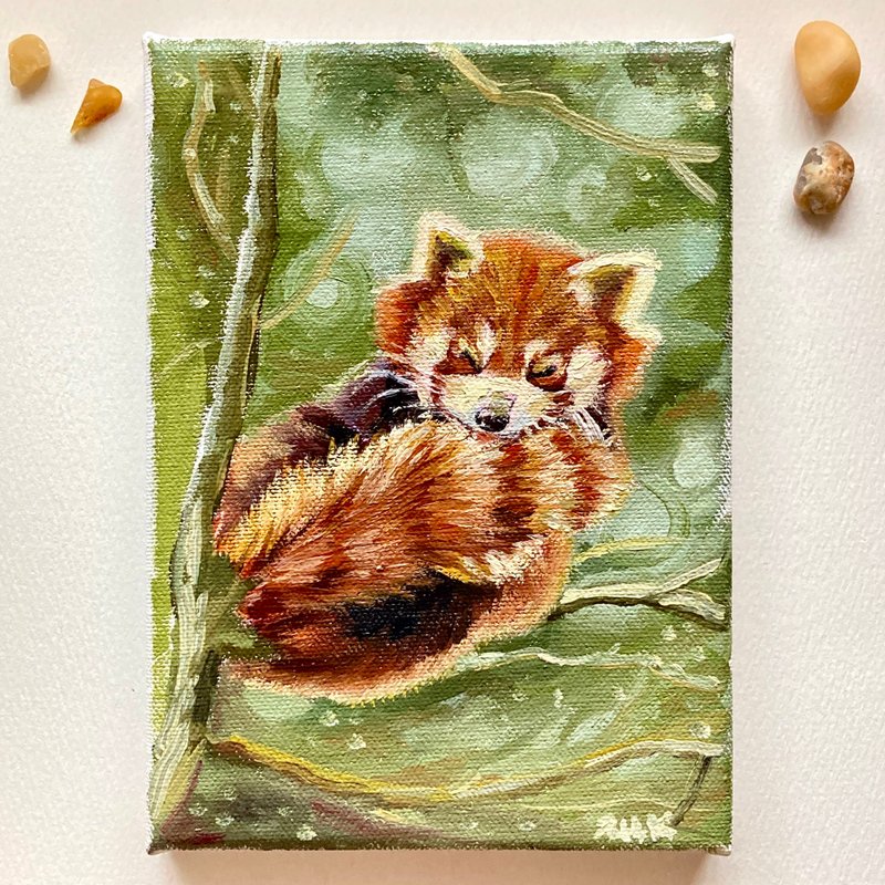 Red Panda Painting Original Oil Painting Canvas Animal Painting Small Painting - ตกแต่งผนัง - ผ้าฝ้าย/ผ้าลินิน สีเขียว