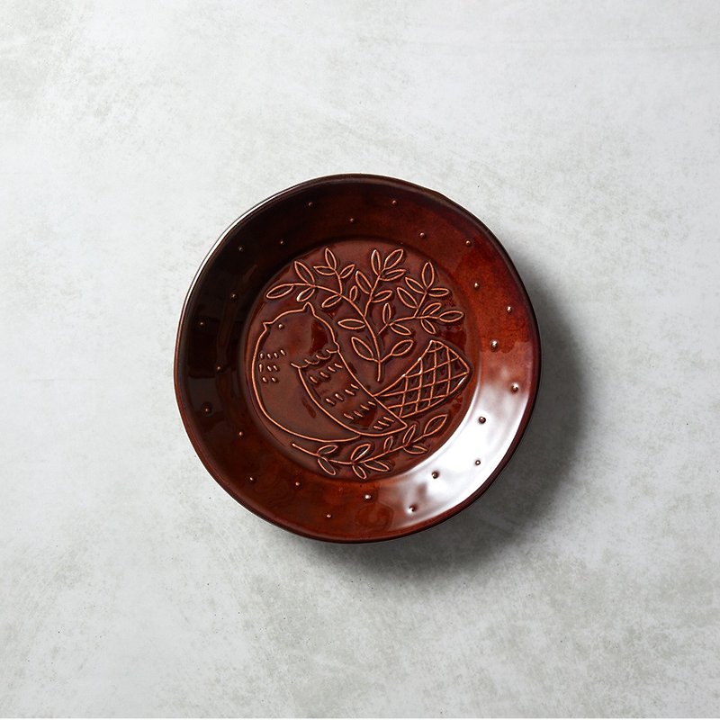 Ishimaru Hasamiyaki-Mori no Uta Round Bird Plate-Tree Coffee - จานเล็ก - ดินเผา สีนำ้ตาล