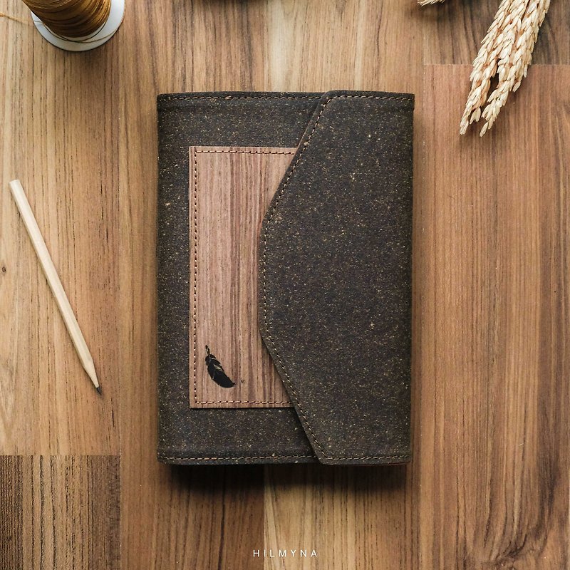 Recycle Leather Refillable Notebook A5 with real Oak and Walnut (Hidden magnet) - 筆記簿/手帳 - 人造皮革 