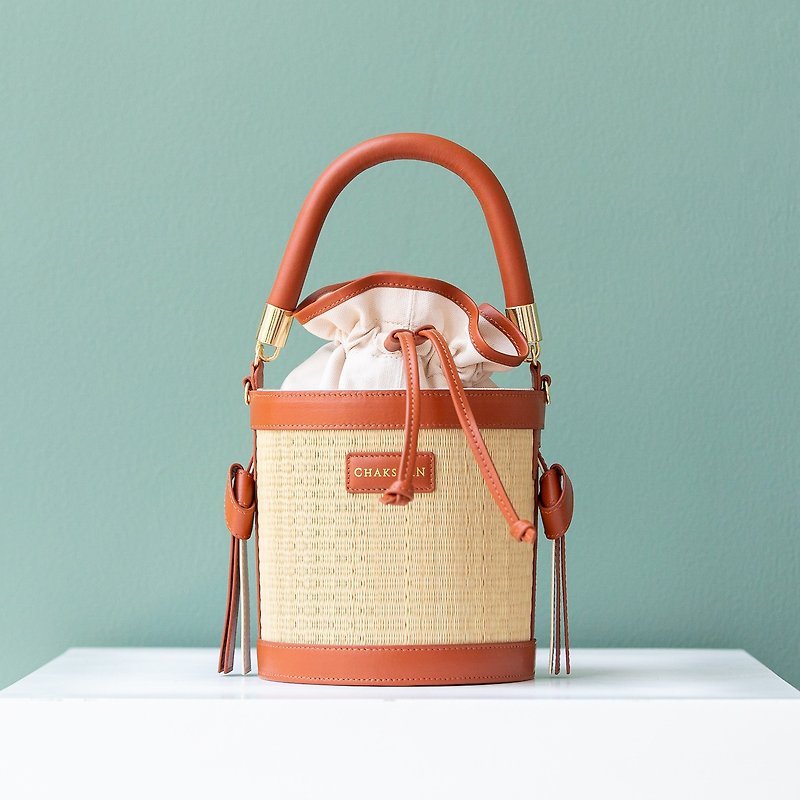 Chaksarn Mini Krathip: Woven Naural Straw Bucket Bag / Brown Minimal - Handbags & Totes - Genuine Leather Brown