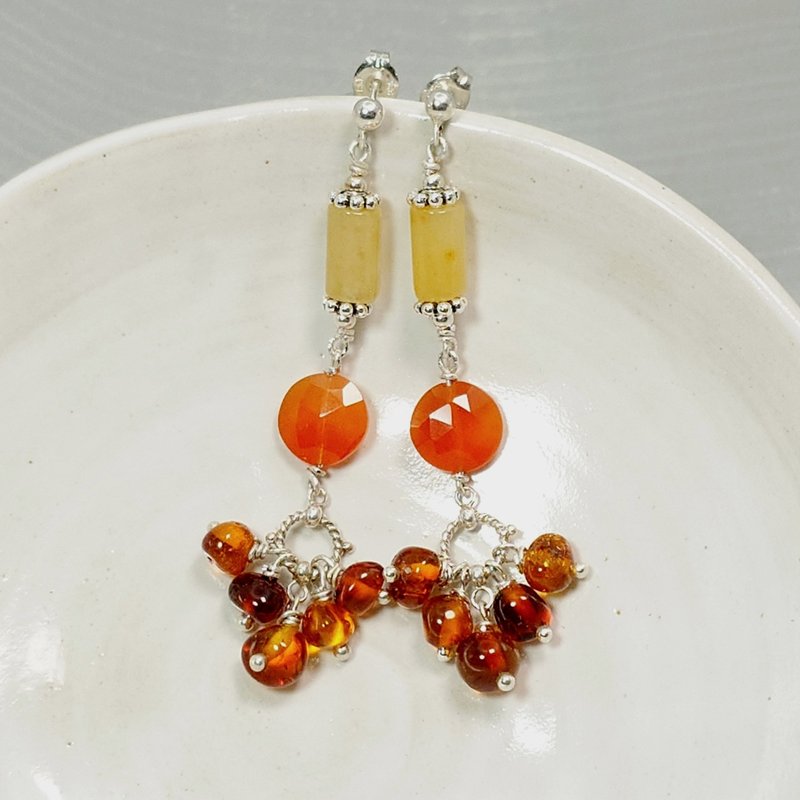 Earrings natural amber orange chalcedony water foam 925 silver jewelry Gemstone jewelry long earrings - ต่างหู - เครื่องเพชรพลอย 