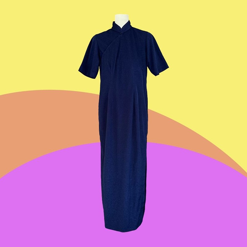 Second-hand dark blue wool slightly glossy long-sleeved dress CA320 - One Piece Dresses - Polyester Blue